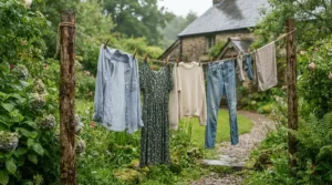Quick dry fishing shirts for travel hanging on a clothesline outside a cabin to dry after a rain shower.