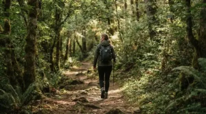 An outdoor enthusiast wearing quick dry fishing shirts for travel walking along a lush green forest trail.