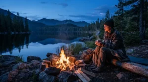 A camper wearing quick dry fishing shirts for travel sitting by a campfire near a quiet lake at dusk.