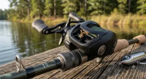 Close-up of a high-speed baitcasting reel spooled with braided line on a topwater rod