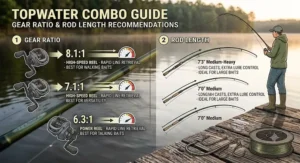 Diagram showing recommended gear ratios and rod lengths for an effective topwater combo setup