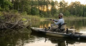 Bass fisherman targeting shoreline cover using a topwater combo from a fishing kayak