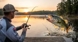 Illustration of a largemouth bass exploding on a topwater lure cast from a specialized topwater combo
