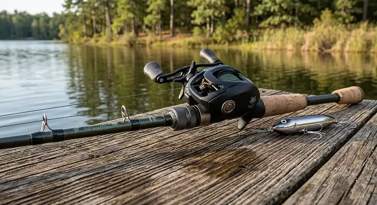 Complete topwater combo featuring a fast-action casting rod and high-speed baitcasting reel for bass fishing