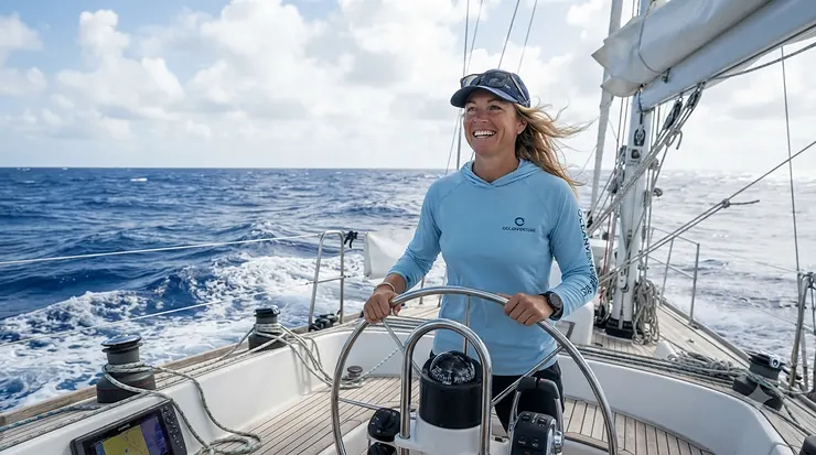 A smiling fisherman staying protected from the sun in breathable performance fishing shirts offshore.