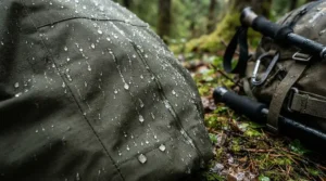 Close-up of durable water resistant fishing pants showing water droplets beading off the fabric surface near a tackle box.