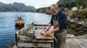 An angler in breathable water resistant fishing pants cleaning fish at a wooden cleaning station by the water.