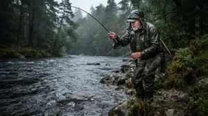 A fisherman in water resistant fishing pants staying dry while reeling in a catch during a heavy rain shower.