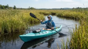 A kayaker wearing comfortable water resistant fishing pants paddling through a marshy estuary while holding a fishing rod.