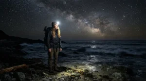 An angler wearing dark water resistant fishing pants under a starry night sky with a headlamp glowing by the shoreline.