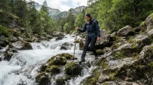 An outdoorsman wearing flexible water resistant fishing pants navigating slippery, mossy rocks along a rushing mountain river.