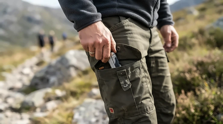 Detailed view of cargo pockets on water resistant fishing pants with an angler reaching for tools.