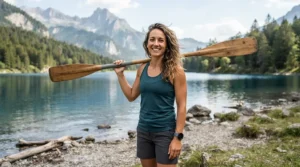 Female kayak angler wearing a cooling long-sleeve fishing shirt holding her double-bladed paddle.
