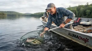 Female angler in an anti-glare fishing shirt leaning over her kayak to net a fresh catch.