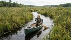 Woman wearing a hooded sun protection fishing shirt navigating a narrow marsh creek in her kayak.