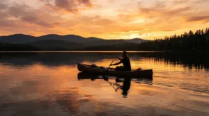 Woman wearing a breathable fishing shirt paddling her kayak during a golden hour sunset on the water.