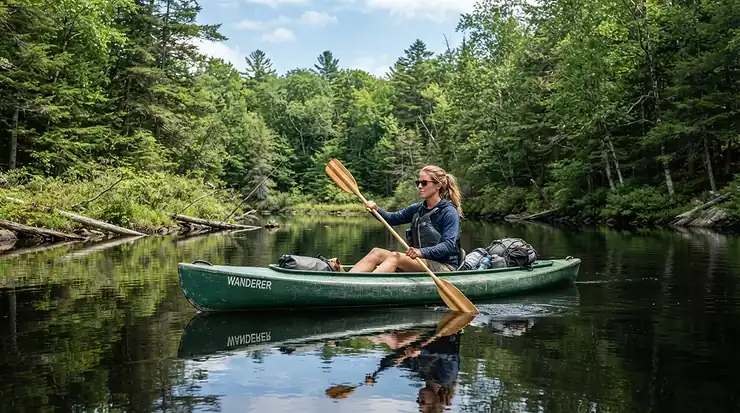 Woman in a quick-dry fishing shirt fishing from a kayak on a secluded, tree-lined pond. women fishing shirts for kayak fishing. Women's Fishing Shirts for Kayak Fishing