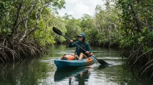 A woman exploring a lush coastal estuary wearing breathable women's fishing shorts for paddleboard fishing.