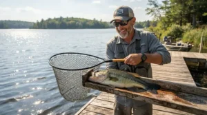 A happy angler wearing performance women's fishing shorts for paddleboard fishing safely landing a fish from her board.