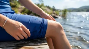 Close-up of quick-dry fabric on women's fishing shorts for paddleboard fishing during a warm summer afternoon on the coast.