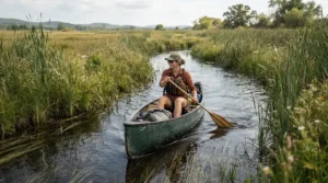 A sportswoman in flexible women's fishing shorts for paddleboard fishing navigating a shallow winding river delta.