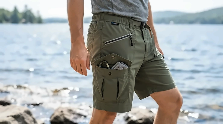 Detail view of utility pockets on women's fishing shorts for paddleboard fishing held by an angler on a sunlit lake.