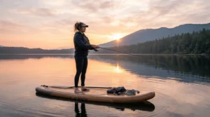 A woman wearing durable women's fishing shorts for paddleboard fishing while casting a line at sunrise on a calm lake.