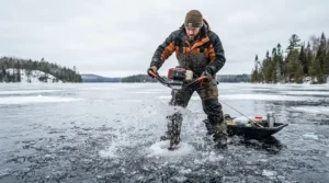 Using a gas auger while suited up in breathable rain gear for ice fishing on a wet frozen reservoir.