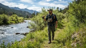 An active angler demonstrating high breathability ratings in breathable waders for warm weather fishing on a trail.