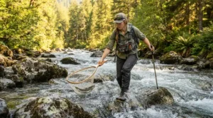 A fisher utilizing breathable waders for warm weather fishing to navigate a clear rocky creek on a hot afternoon.