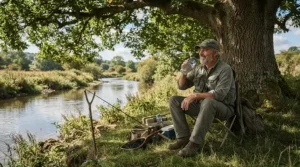Taking a break under trees in breathable waders for warm weather fishing during a midday summer trip.