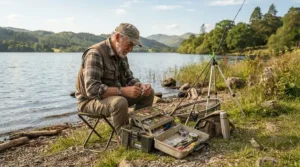 Setting up gear while wearing breathable waders for warm weather fishing beside a calm summer lake shore.