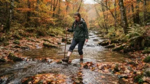 An angler navigating a shallow riffle in river wading chest waders for fly fishing during the autumn season.