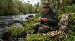 An outdoor enthusiast adjusting gear on the riverbank while wearing durable chest waders for fly fishing.