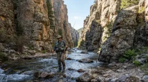 An adventurer exploring a deep canyon river wearing breathable chest waders for fly fishing and boots.