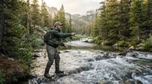 An angler wearing chest waders for fly fishing while casting a line in a fast-flowing mountain stream.
