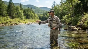 A fisherman in breathable chest waders for fly fishing standing waist-deep in a calm backcountry river.