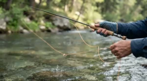 A detailed view of a fly fishing technique demonstration by an angler wearing fitted chest waders for fly fishing.