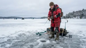 Fisherman testing heavy rain gear for ice fishing amidst deep wet slush near a drilled auger hole.
