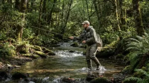 Angler wading with hip waders for bank fishing in a shaded forest creek under canopy.