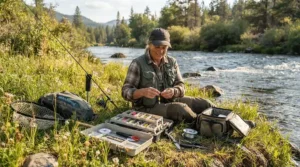 Person packing essential gear while wearing hip waders for bank fishing by the water.