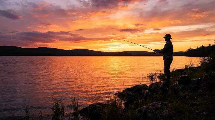 Silhouette of an angler wearing hip waders for bank fishing during golden hour sunset.