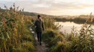 Outdoorsman wearing hip waders for bank fishing in tall marsh grass near a quiet pond.