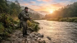 An angler wearing hip waders for bank fishing while standing on a muddy riverbank at sunrise.
