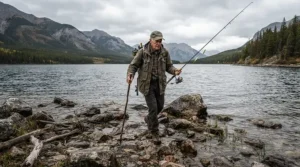 Fisherman utilizing hip waders for bank fishing along a rocky lake shoreline in autumn.