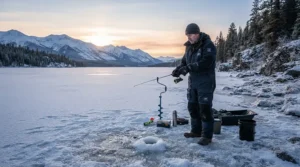 An early morning view of an ice angler in warm rain gear for ice fishing by a frozen shoreline.
