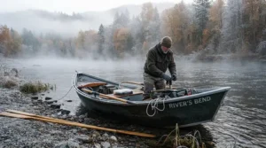 Preparing a drift boat in freezing morning temperatures while wearing neoprene waders for cold water fishing.
