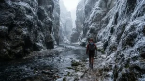 Navigating a remote rocky canyon stream with heavy neoprene waders for cold water fishing in winter.