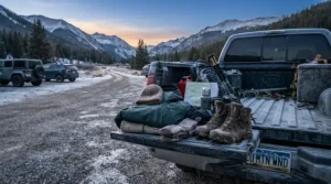 Laying out insulated neoprene waders for cold water fishing on the tailgate of a truck before a freezing dawn trip.