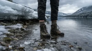 Close-up of neoprene waders for cold water fishing standing near the icy edge of a frozen northern lake.
